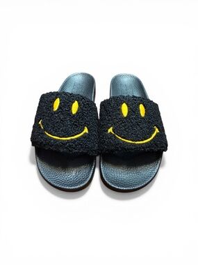 Kids Black Slide Sandals with Yellow Smiley Accent